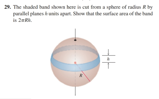 29. The shaded band shown here is cut from a sphere of radius R by
parallel planes h units apart. Show that the surface area of the band
is 2ĦRh.
R
