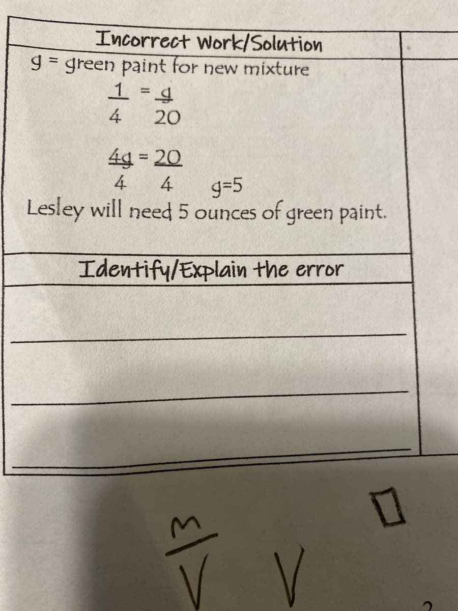 Incorrect Work/Solution
9 = green paint for new mixture
1 =4
4
20
4g = 20
%3D
4
4
g=5
Lesley will need 5 ounces of green paint.
Identify/Explain the error
