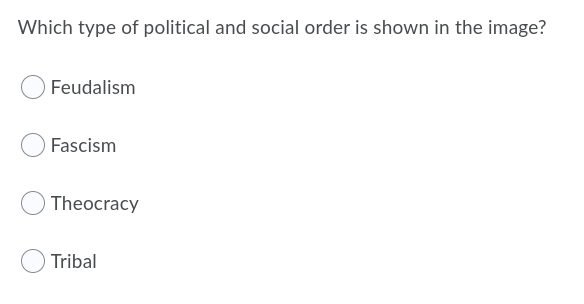 Which type of political and social order is shown in the image?
Feudalism
Fascism
Theocracy
Tribal
