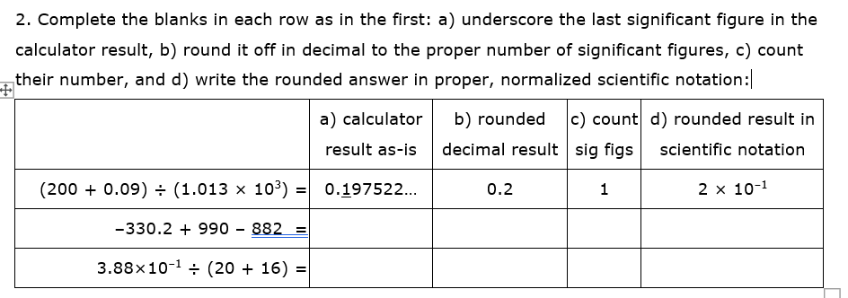 2. Complete the blanks in each row as in the first: a) underscore the last significant figure in the
calculator result, b) round it off in decimal to the proper number of significant figures, c) count
their number, and d) write the rounded answer in proper, normalized scientific notation:
a) calculator
b) rounded c) count d) rounded result in
result as-is
decimal result sig figs
scientific notation
(200 + 0.09) ÷ (1.013 × 103) =
0.197522..
0.2
1
2 x 10-1
-330.2 + 990 - 882 =
3.88x10-1 + (20 + 16) =
