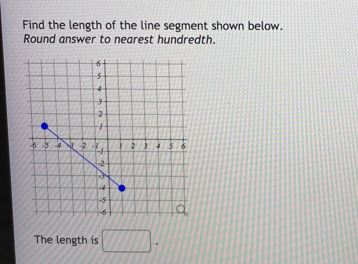 Find the length of the line segment shown below.
Round answer to nearest hundredth.
6+
4-
-6 -5 -43 -2 -1
I2 3 4 5 6
-2
-4
The length is
3.
