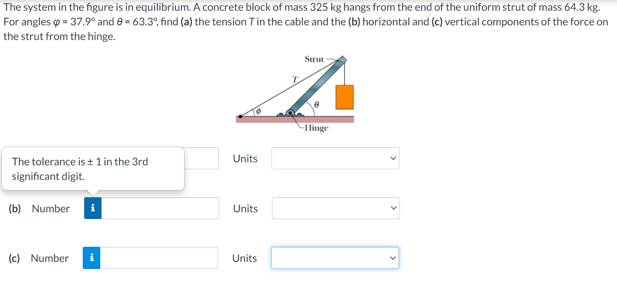 The system in the figure is in equilibrium. A concrete block of mass 325 kg hangs from the end of the uniform strut of mass 64.3 kg.
For angles p = 37.9° and 0 = 63.3°, find (a) the tension Tin the cable and the (b) horizontal and (c) vertical components of the force on
the strut from the hinge.
Strut
-Hinge
The tolerance is + 1 in the 3rd
Units
significant digit.
(b) Number
Units
(c) Number
i
Units
