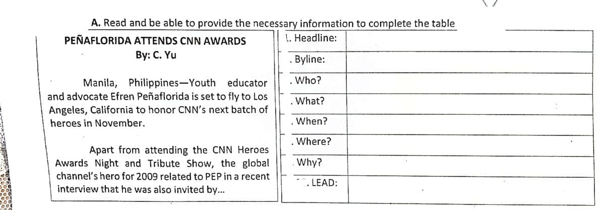 A. Read and be able to provide the necessary information to complete the table
PEÑAFLORIDA ATTENDS CNN AWARDS
1. Headline:
Вy: С. Yu
Byline:
Who?
Manila, Philippines-Youth educator
and advocate Efren Peñaflorida is set to fly to Los
Angeles, California to honor CNN's next batch of
What?
heroes in November.
When?
Where?
Apart from attending the CNN Heroes
Awards Night and Tribute Show, the global
channel's hero for 2009 related to PEP in a recent
interview that he was also invited by...
.Why?
. LEAD:
