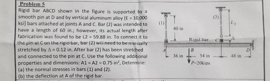 Problem 5
Rigid bar ABCD shown in the figure is supported by a
smooth pin at D and by vertical aluminum alloy [E = 10,000
ksi] bars attached at joints A and C. Bar (2) was intended to
have a length of 60 in.; however, its actual length after
fabrication was found to be L2= 59.88 in. To connect it to
the pin at C on the rigid bar, bar (2) will need to be manually
stretched by A = 0.12 in. After bar (2) has been stretched
and connected to the pin at C. Use the following additional
properties and dimensions: A1 = A2 = 0.75 in², Determine:
(a) the normal stresses in bars (1) and (2).
(b) the deflection at A of the rigid bar.
(1)
40 in
36 in
Rigid bar
54 in
P-20kips
(2)
L₂
48 in
D