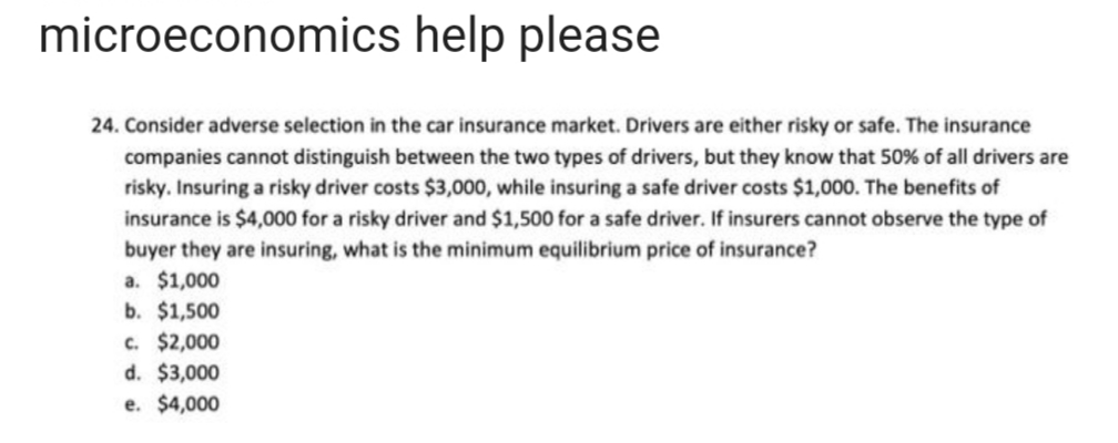 microeconomics help please
24. Consider adverse selection in the car insurance market. Drivers are either risky or safe. The insurance
companies cannot distinguish between the two types of drivers, but they know that 50% of all drivers are
risky. Insuring a risky driver costs $3,000, while insuring a safe driver costs $1,000. The benefits of
insurance is $4,000 for a risky driver and $1,500 for a safe driver. If insurers cannot observe the type of
buyer they are insuring, what is the minimum equilibrium price of insurance?
a. $1,000
b. $1,500
c. $2,000
d. $3,000
e. $4,000
