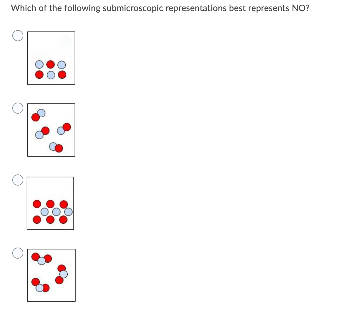 Which of the following submicroscopic representations best represents NO?
