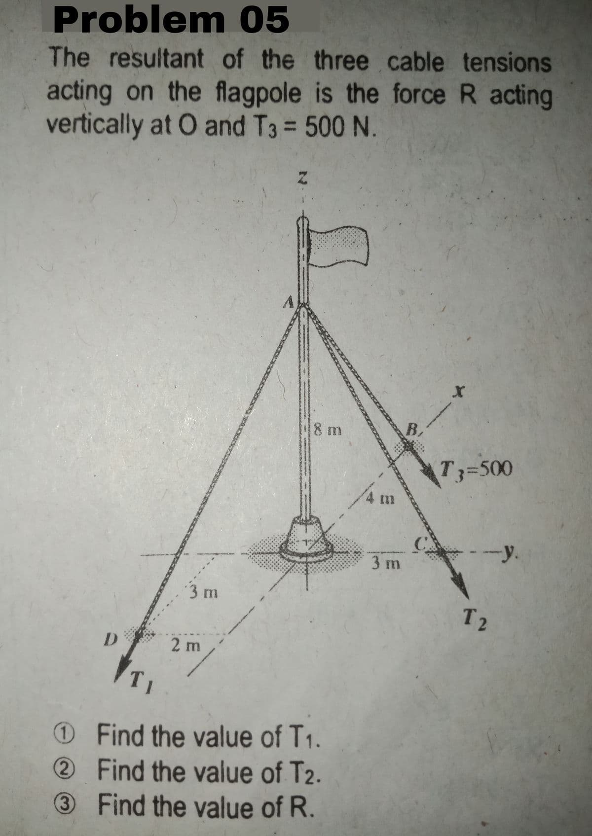 Problem 05
The resultant of the three cable tensions
acting on the flagpole is the force R acting
vertically at O and T3 = 500 N.
%3D
8 m
B.
T3=500
C.
-y.
3 m
3 m
T2
D
2 m
T1
Find the value of T1.
2 Find the value of T2.
3 Find the value of R.
