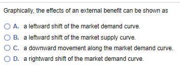 Graphically, the effects of an external benefit can be shown as
A. a leftward shift of the market demand curve.
B. a leftward shift of the market supply curve.
C. a downward movement along the market demand curve.
D. a rightward shift of the market demand curve.