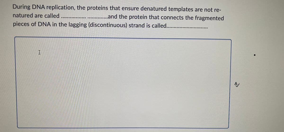 During DNA replication, the proteins that ensure denatured templates are not re-
natured are called .......... ........and the protein that connects the fragmented
pieces of DNA in the lagging (discontinuous) strand is called............
I
A