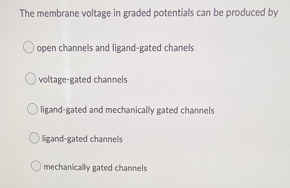 The membrane voltage in graded potentials can be produced by
Oopen channels and ligand-gated chanels
Ovoltage-gated channels
Oligand-gated and mechanically gated channels
Oligand-gated channels
mechanically gated channels