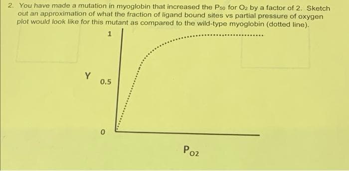 2. You have made a mutation in myoglobin that increased the Pso for O2 by a factor of 2. Sketch
out an approximation of what the fraction of ligand bound sites vs partial pressure of oxygen
plot would look like for this mutant as compared to the wild-type myoglobin (dotted line).
1
Y
0.5
Po2

