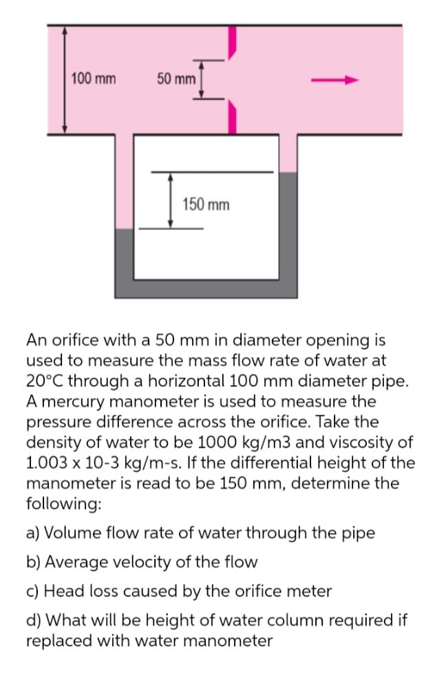 100 mm
50 mm
150 mm
An orifice with a 50 mm in diameter opening is
used to measure the mass flow rate of water at
20°C through a horizontal 100 mm diameter pipe.
A mercury manometer is used to measure the
pressure difference across the orifice. Take the
density of water to be 1000 kg/m3 and viscosity of
1.003 x 10-3 kg/m-s. If the differential height of the
manometer is read to be 150 mm, determine the
following:
a) Volume flow rate of water through the pipe
b) Average velocity of the flow
c) Head loss caused by the orifice meter
d) What will be height of water column required if
replaced with water manometer