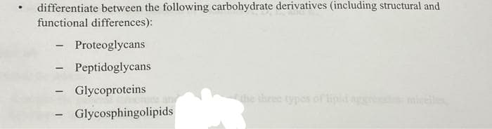 differentiate between the following carbohydrate derivatives (including structural and
functional differences):
Proteoglycans
- Peptidoglycans
- Glycoproteins
- Glycosphingolipids
the three types of lipid agg
mielle
