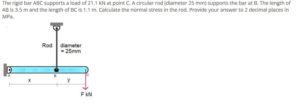 The rigid bar ABC supports a load of 21.1 kN at point C. A circular rod (diameter 25 mm) supports the bar at B. The length of
AB is 3.5 m and the length of BC is 1.1 m. Calculate the normal stress in the rod. Provide your answer to 2 decimal places in
MPа.
Rod
diameter
= 25mm
В
y
F kN
