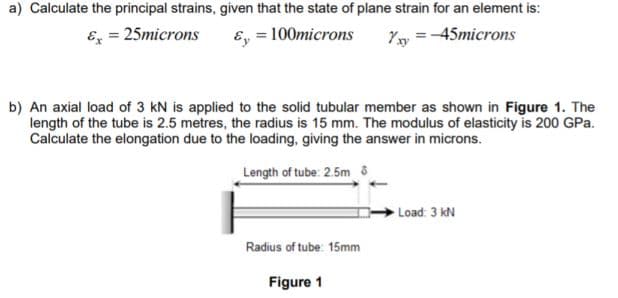 a) Calculate the principal strains, given that the state of plane strain for an element is:
E = 25microns
E, = 100microns
Yy =-45microns
b) An axial load of 3 kN is applied to the solid tubular member as shown in Figure 1. The
length of the tube is 2.5 metres, the radius is 15 mm. The modulus of elasticity is 200 GPa.
Calculate the elongation due to the loading, giving the answer in microns.
Length of tube: 2.5m 8
Load: 3 kN
Radius of tube: 15mm
Figure 1
