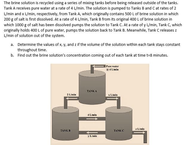 The brine solution is recycled using a series of mixing tanks before being released outside of the tanks.
Tank A receives pure water at a rate of 4 L/min. The solution is pumped to Tanks B and C at rates of 2
L/min and x L/min, respectively, from Tank A, which originally contains 500 L of brine solution in which
200 g of salt is first dissolved. At a rate of 4 L/min, Tank B from its original 400 L of brine solution in
which 1000 g of salt has been dissolved pumps the solution to Tank C. At a rate of y L/min, Tank C, which
originally holds 400 L of pure water, pumps the solution back to Tank B. Meanwhile, Tank C releases z
L/min of solution out of the system.
a. Determine the values of x, y, and z if the volume of the solution within each tank stays constant
throughout time.
b.
Find out the brine solution's concentration coming out of each tank at time t-8 minutes.
2 L/min
TANK B
TANKA
4 L/min
y L/min
Pure water
@4 L/min
x L/min
TANK C
z L/min