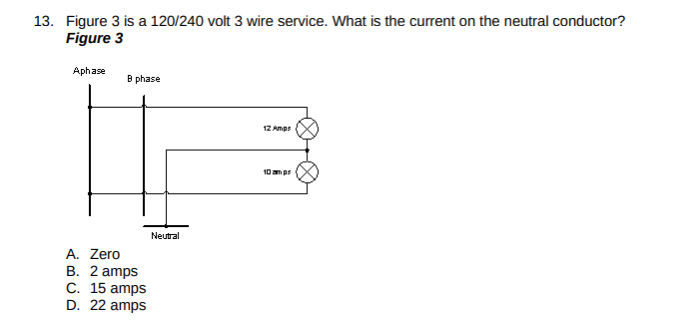 13. Figure 3 is a 120/240 volt 3 wire service. What is the current on the neutral conductor?
Figure 3
Aphase
B phase
12 Ama
10 amp
Neutral
A. Zero
B. 2 amps
C. 15 amps
D. 22 amps
