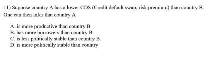 11) Suppose country A has a lower CDS (Credit default swap, risk premium) than country B.
One can then infer that country A
A. is more productive than country B.
B. has more borrowers than country B.
C. is less politically stable than country B.
D. is more politically stable than country