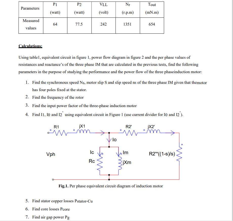 P1
P2
VLL
Nr
Tout
Parameters
(watt)
(watt)
(volt)
(r.p.m)
(mN.m)
Measured
64
77.5
242
1351
654
values
Calculations:
Using tablel, equivalent circuit in figure 1, power flow diagram in figure 2 and the per phase values of
resistances and reactance's of the three phase IM that are calculated in the previous tests, find the following
parameters in the purpose of studying the performance and the power flow of the three phaseinduction motor:
1. Find the synchronous speed Ns, motor slip S and slip speed ns of the three phase IM given that themotor
has four poles fixed at the stator.
2. Find the frequency of the rotor
3. Find the input power factor of the three-phase induction motor
4. Find 11, 10 and 12' using equivalent circuit in Figure 1 (use current divider for 10 and 12').
R1
jX1
R2'
°
jX2'
m
lo
lc
Im
Vph
R2*((1-s)/s)
Rc
jXm
Fig.1. Per phase equivalent circuit diagram of induction motor
5. Find stator copper losses Pstator-Cu
6. Find core losses Pcore
7. Find air gap power Pg