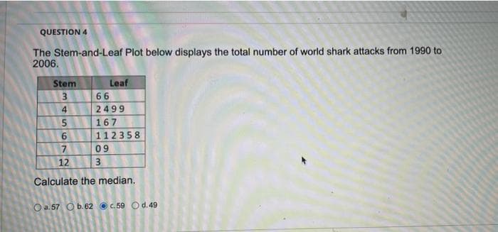 QUESTION 4
The Stem-and-Leaf Plot below displays the total number of world shark attacks from 1990 to
2006.
Stem
3
345
672
622103
Leaf
66
2499
167
112358
09
12
Calculate the median.
O
O a.57 Ob.62c.59 Od. 49.