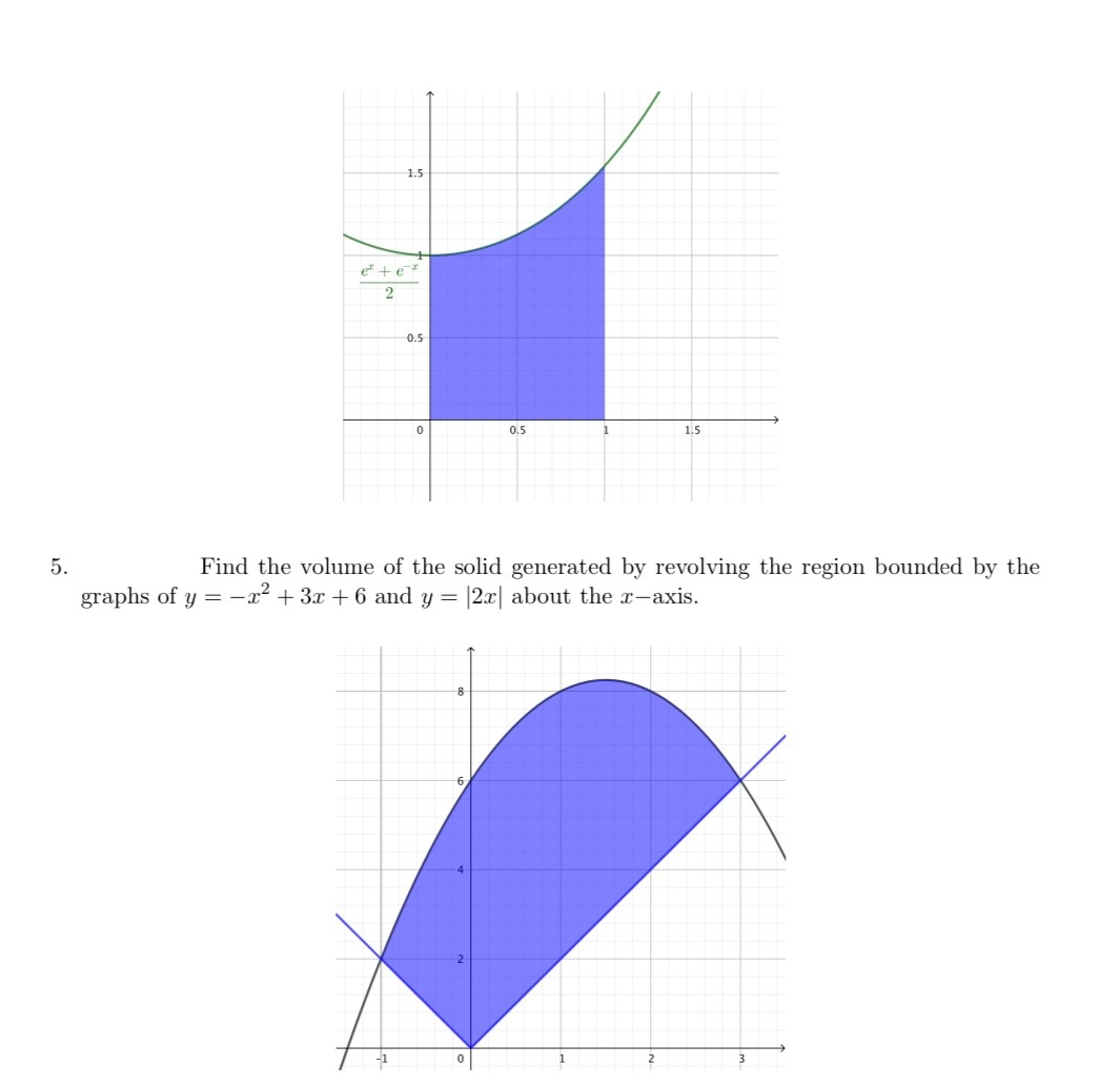 1.5
et + e
0.5
0.5
1
1.5
Find the volume of the solid generated by revolving the region bounded by the
2x| about the x-axis.
5.
graphs of y = -x² + 3x + 6 and y =
8
