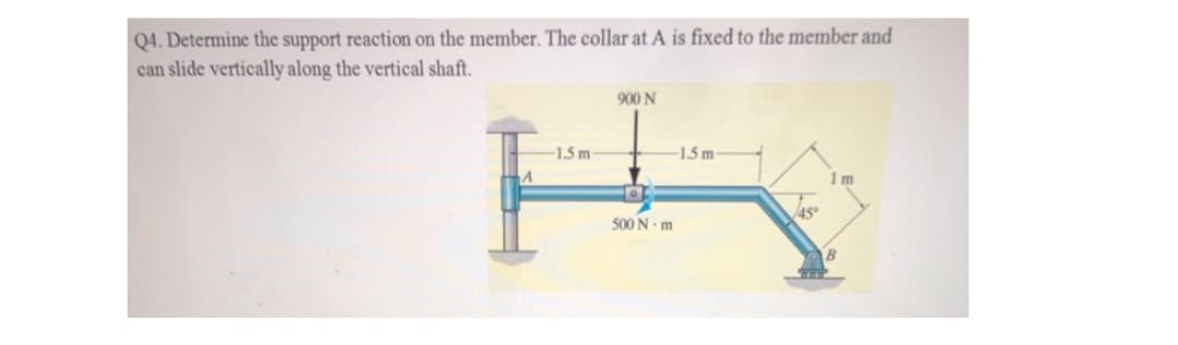Q4. Determine the support reaction on the member. The collar at A is fixed to the member and
can slide vertically along the vertical shaft.
900 N
1.5 m
1.5 m
1 m
500 N- m
45

