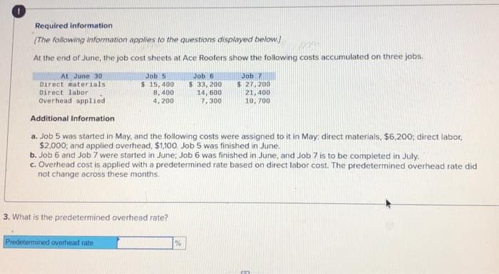 Required information
(The following information applies to the questions displayed below.)
At the end of June, the job cost sheets at Ace Roofers show the following costs accumulated on three jobs.
Job 5
$ 15, 400
8, 400
4, 200
Job 6
$ 33, 200
14, 600
7, 300
At June 30
Job 7
Direct materials
$ 27, 200
21,400
10, 700
Direct labor
Overhead applied
Additional Information
a. Job 5 was started in May, and the following costs were assigned to it in May: direct materials, $6,200; direct labor,
$2,000; and applied overhead, $1,100. Job 5 was finished in June.
b. Job 6 and Job 7 were started in June; Job 6 was finished in June, and Job 7 is to be completed in July.
c. Overhead cost is applied with a predetermined rate based on direct labor cost. The predetermined overhead rate did
not change across these months.
3. What is the predetermined overhead rate?
Predetermined overhead rate
