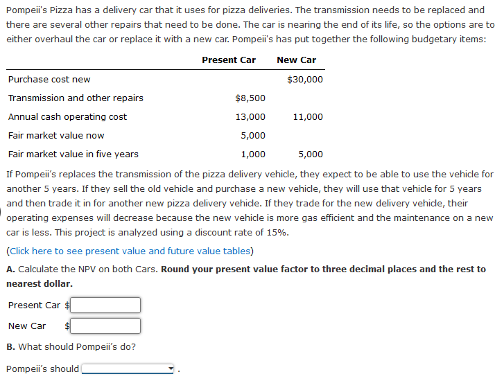 Pompeii's Pizza has a delivery car that it uses for pizza deliveries. The transmission needs to be replaced and
there are several other repairs that need to be done. The car is nearing the end of its life, so the options are to
either overhaul the car or replace it with a new car. Pompeii's has put together the following budgetary items:
Present Car
New Car
Purchase cost new
$30,000
Transmission and other repairs
$8,500
Annual cash operating cost
13,000
11,000
Fair market value now
5,000
Fair market value in five years
1,000
5,000
If Pompeii's replaces the transmission of the pizza delivery vehicle, they expect to be able to use the vehicle for
another 5 years. If they sell the old vehicde and purchase a new vehicle, they will use that vehicle for 5 years
and then trade it in for another new pizza delivery vehicle. If they trade for the new delivery vehicle, their
operating expenses will decrease because the new vehicle is more gas efficient and the maintenance on a new
car is less. This project is analyzed using a discount rate of 15%.
(Click here to see present value and future value tables)
A. Calculate the NPV on both Cars. Round your present value factor to three decimal places and the rest to
nearest dollar.
Present Car $
New Car
B. What should Pompeii's do?
Pompeii's should

