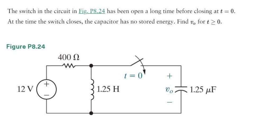 The switch in the circuit in Fig. P8.24 has been open a long time before closing at t = 0.
At the time the switch closes, the capacitor has no stored energy. Find v, for t≥ 0.
Figure P8.24
12 V
+
400 Ω
www
1.25 H
t = 0
Vo
1.25 μF