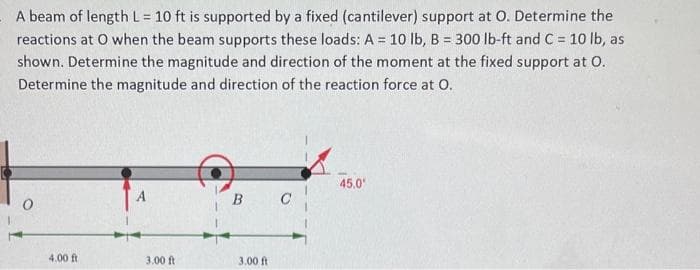 A beam of length L = 10 ft is supported by a fixed (cantilever) support at O. Determine the
reactions at O when the beam supports these loads: A = 10 lb, B = 300 lb-ft and C = 10 lb, as
shown. Determine the magnitude and direction of the moment at the fixed support at O.
Determine the magnitude and direction of the reaction force at O.
4.00 ft
A
3.00 ft
B
3.00 ft
45.0