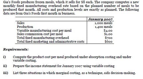 Gia's Foods produces frozen meals, which it sells for $8 each. The company computes a new
monthly fixed manufacturing overhead rate based on the planned number of meals to be
produced that month. All costs and production levels are exactly as planned. The following
data are from Gia's Foods first month in business.
Sales
Production
Variable manufacturing cost per meal
Sales commission cost per meal
Total fixed manufacturing overhead
Total fixed marketing and administrative costs
| January 2007
1,000 meals
1,400 meals
$4.00
$1.00
$700
Sóoo
Requirements:
i)
Compute the product cost per meal produced under absorption costing and under
variable costing.
ii)
Prepare the income statement for January 2007 using variable costing
iii)
List three situations in which marginal costing, as a technique, aids decision-making.
