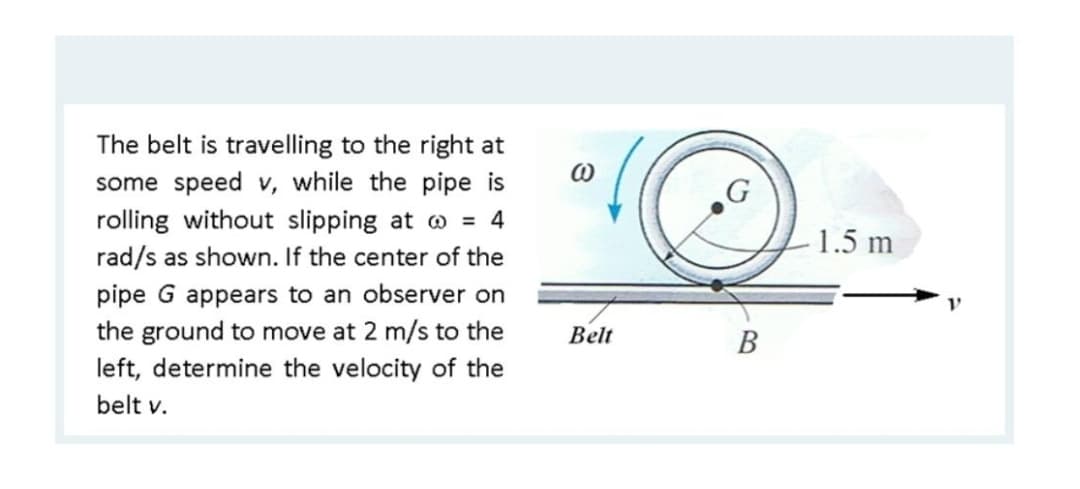 The belt is travelling to the right at
some speed v, while the pipe is
rolling without slipping at o = 4
- 1.5 m
rad/s as shown. If the center of the
pipe G appears to an observer on
the ground to move at 2 m/s to the
left, determine the velocity of the
Belt
В
belt v.
