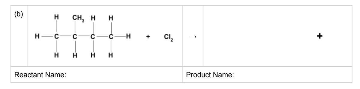 (b)
H
сH, н н
H.
Cl,
+
H
H
Reactant Name:
Product Name:
+
