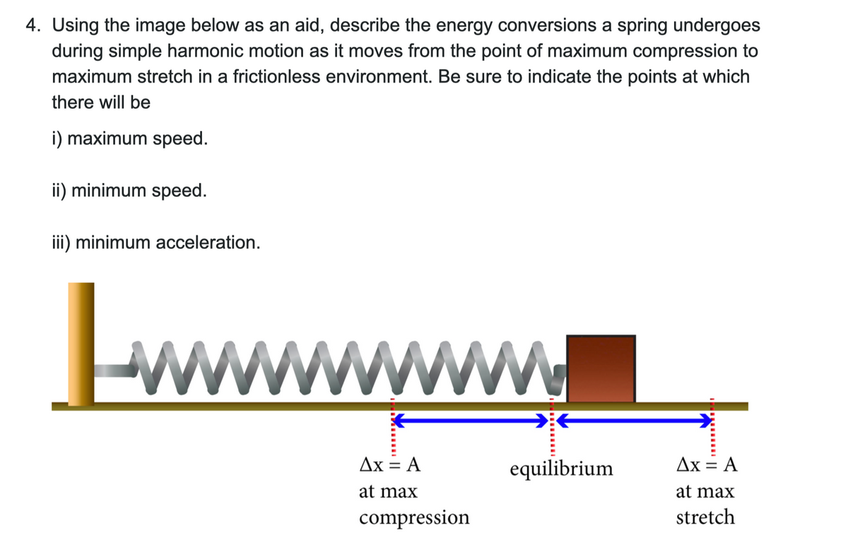 4. Using the image below as an aid, describe the energy conversions a spring undergoes
during simple harmonic motion as it moves from the point of maximum compression to
maximum stretch in a frictionless environment. Be sure to indicate the points at which
there will be
i) maximum speed.
ii) minimum speed.
iii) minimum acceleration.
wwwwwwwwwwwww.
Ax = A
at max
compression
equilibrium
Ax = A
at max
stretch