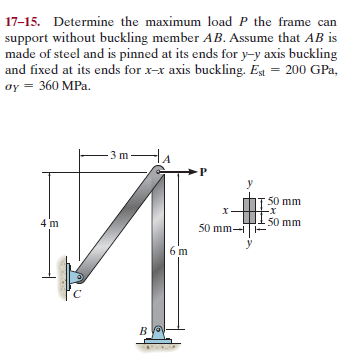 17-15. Determine the maximum load P the frame can
support without buckling member AB. Assume that AB is
made of steel and is pinned at its ends for y-y axis buckling
and fixed at its ends for x-x axis buckling. Est = 200 GPa,
oy = 360 MPa.
-3 m-
HA
50 mm
х
4 m
50 mm -
50 mm
