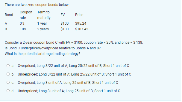 There are two zero-coupon bonds below:
Coupon Term to
rate
maturity
0%
1 year
10%
2 years
Bond
A
B
FV
$100
$100
Price
$95.24
$107.42
Consider a 2-year coupon bond C with FV = $100, coupon rate=25%, and price = $ 138.
Is Bond C underpriced/overpriced relative to Bonds A and B?
What is the potential arbitrage trading strategy?
O a. Overpriced; Long 3/22 unit of A; Long 25/22 unit of B; Short 1 unit of C
O b. Underpriced; Long 3/22 unit of A; Long 25/22 unit of B; Short 1 unit of C
O c. Overpriced; Long 3 unit of A; Long 25 unit of B; Short 1 unit of C
O d. Underpriced; Long 3 unit of A; Long 25 unit of B; Short 1 unit of C