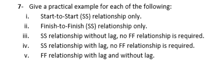 7- Give a practical example for each of the following:
i. Start-to-Start (SS) relationship only.
ii.
Finish-to-Finish (SS) relationship only.
S relationship without lag, no FF relationship is required.
Ss relationship with lag, no FF relationship is required.
ii.
iv.
V.
FF relationship with lag and without lag.
