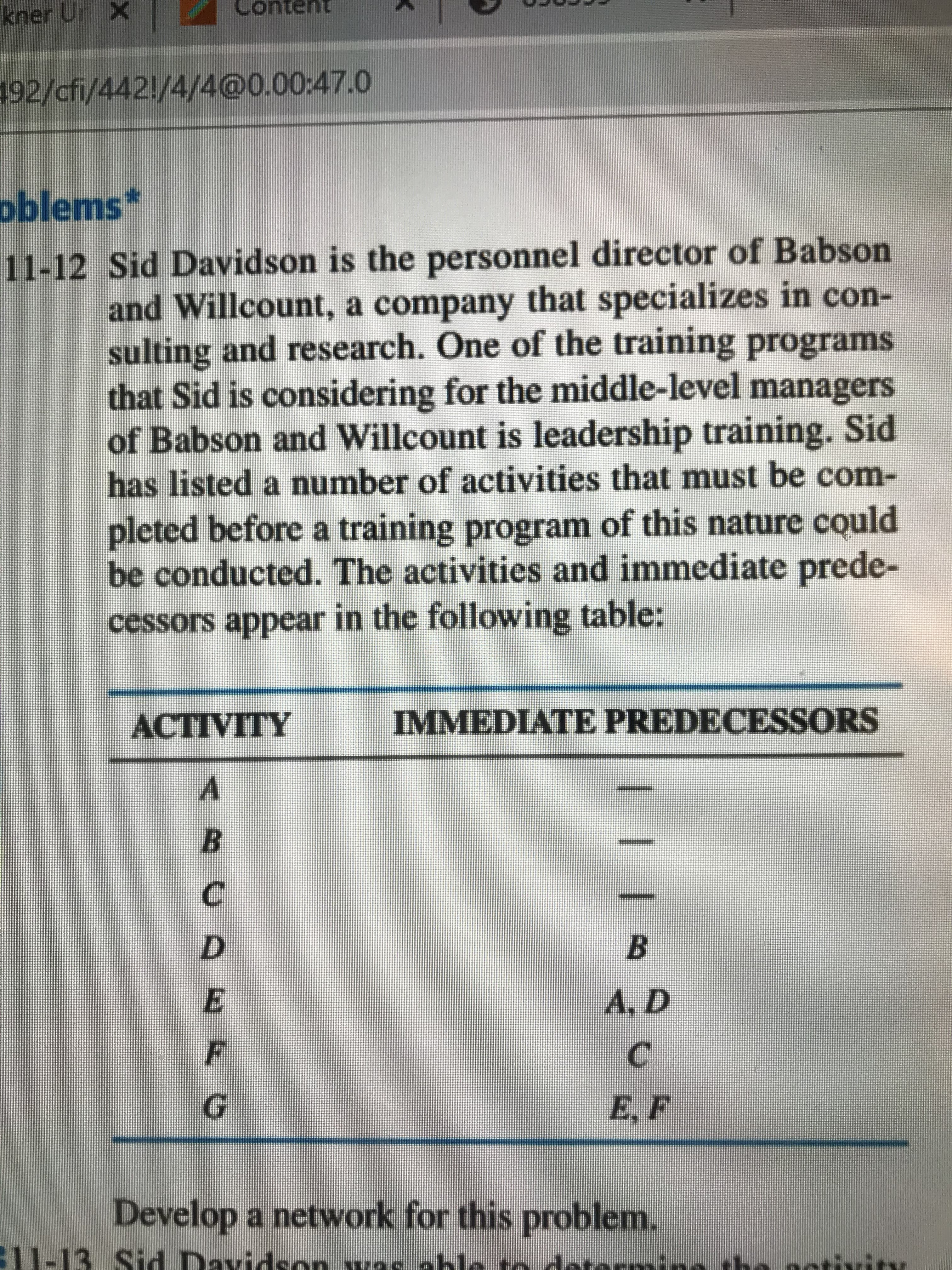 kner Ur X
Content
192/cfi/442!/4/4@0.00:47.0
oblems*
11-12 Sid Davidson is the personnel director of Babson
and Willcount, a company that specializes in con-
sulting and research. One of the training programs
that Sid is considering for the middle-level managers
of Babson and Willcount is leadership training. Sid
has listed a number of activities that must be com-
pleted before a training program of this nature could
be conducted. The activities and immediate prede-
cessors appear in the following table:
ACTIVITY
IMMEDIATE PREDECESSORS
C.
А, D
G.
E, F
Develop a network for this problem.
E11-13 Sid Davidson was able to determing theactivity
