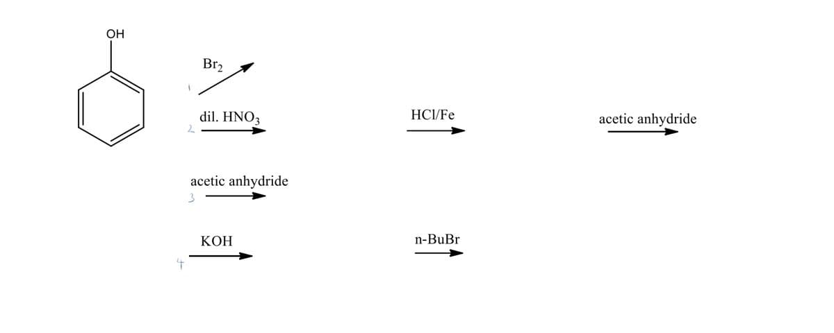OH
Br₂
dil. HNO3
acetic anhydride
3
KOH
HCl/Fe
n-BuBr
acetic anhydride