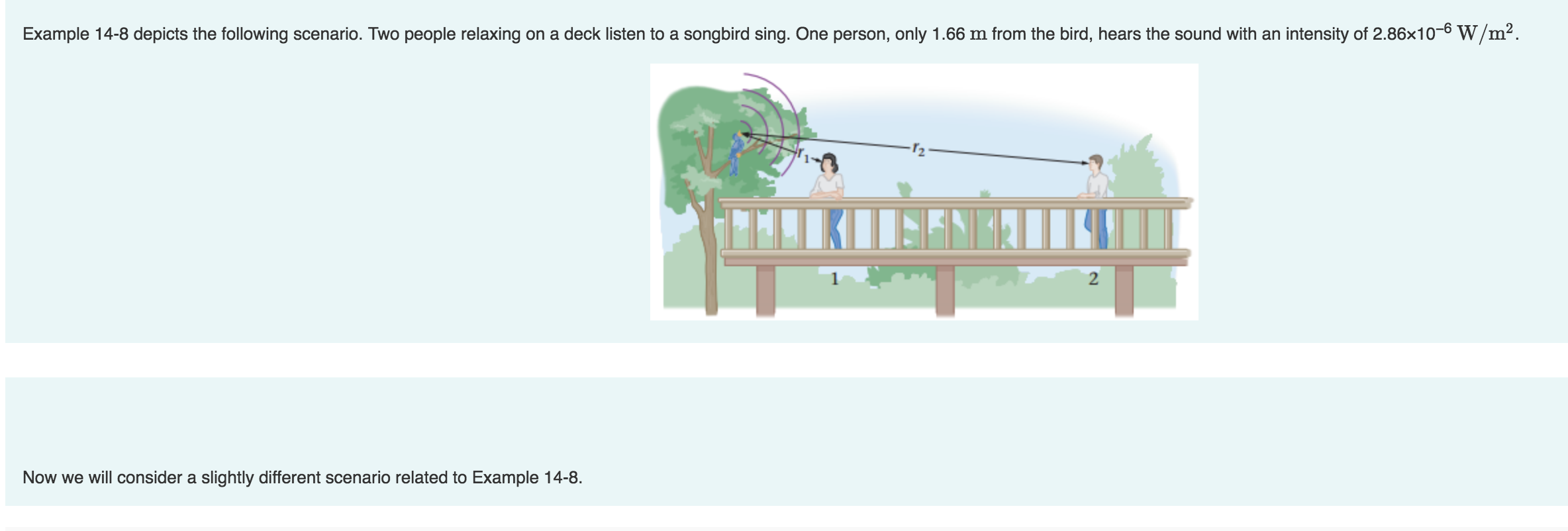 Example 14-8 depicts the following scenario. Two people relaxing on a deck listen to a songbird sing. One person, only 1.66 m from the bird, hears the sound with an intensity of 2.86x10-6 W/m2.
2
าร
2
Now we will consider a slightly different scenario related to Example 14-8
