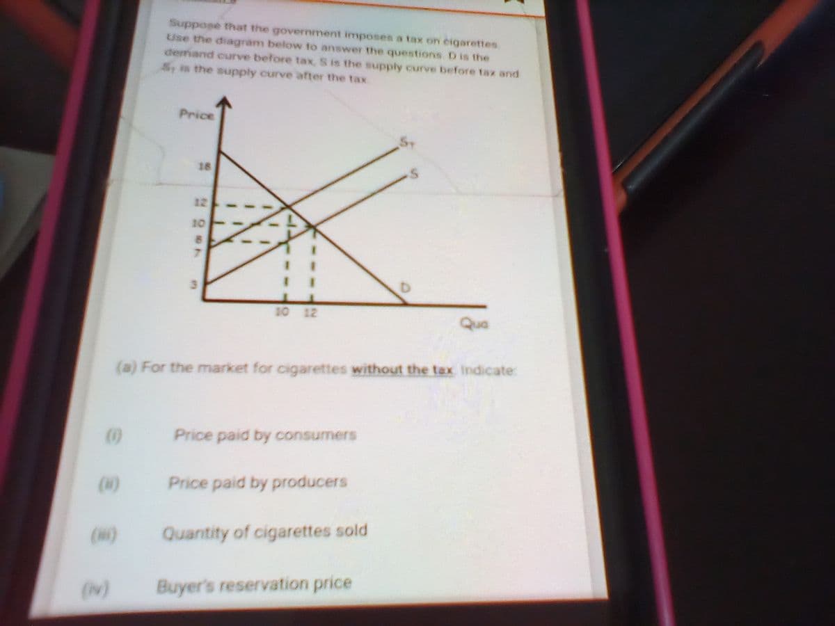 Suppose that the government imposes a tax on eigarettes.
Use the diagram below to answer the questions. Dis the
demand curve before tax, S is the supply curve before tax and
Sis the supply curve after the tax
Price
18
12
10
10 12
Qua
(a) For the market for cigarettes without the tax indicate:
(0)
Price paid by consumers
(8)
Price paid by producers
()
Quantity of cigarettes sold
(w)
Buyer's reservation price
