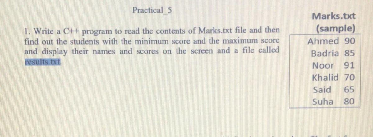 Practical 5
Marks.txt
(sample)
1. Write a C++ program to read the contents of Marks.txt file and then
find out the students with the minimum score and the maximum score
and display their names and scores on the screen and a file called
results.txt.
Ahmed 90
Badria 85
Noor 91
Khalid 70
Said
65
Suha
80
