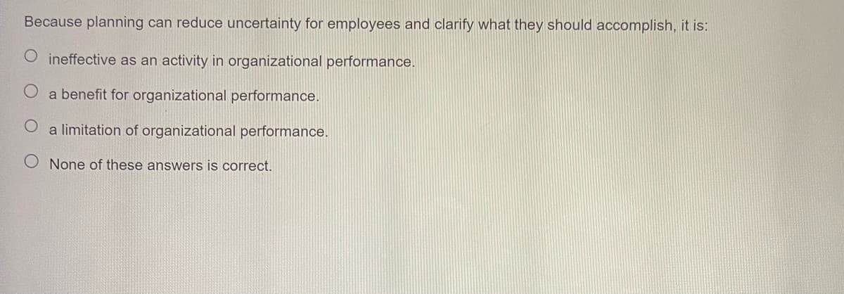 Because planning can reduce uncertainty for employees and clarify what they should accomplish, it is:
O ineffective as an activity in organizational performance.
a benefit for organizational performance.
a limitation of organizational performance.
O None of these answers is correct.