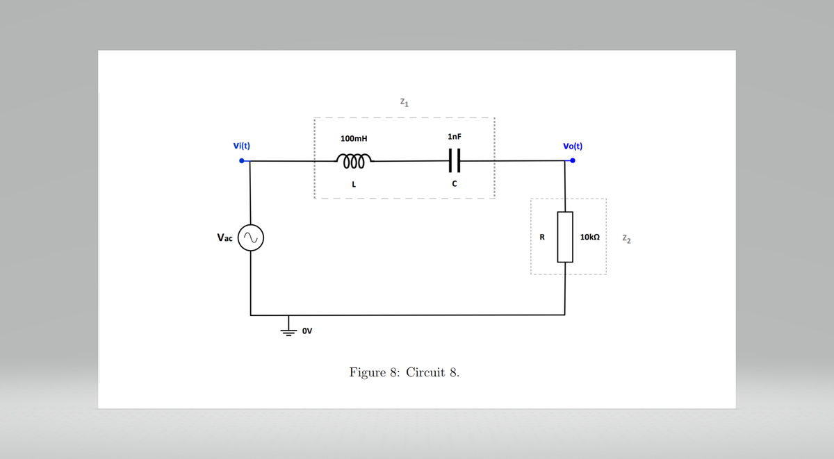 Vi(t)
Vac
OV
100mH
moo
L
Z₁
1nF
C
Figure 8: Circuit 8.
R
Vo(t)
10ΚΩ
2₂