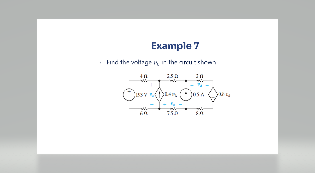 Example 7
Find the voltage vo in the circuit shown
4Ω
2.5 Ω
2Ω
+
Ουνιόλι Disk
193 V υπ 0.4 vs
0.5 A
ww
6Ω
8 Ω
+
7.5 Ω
0.8 09