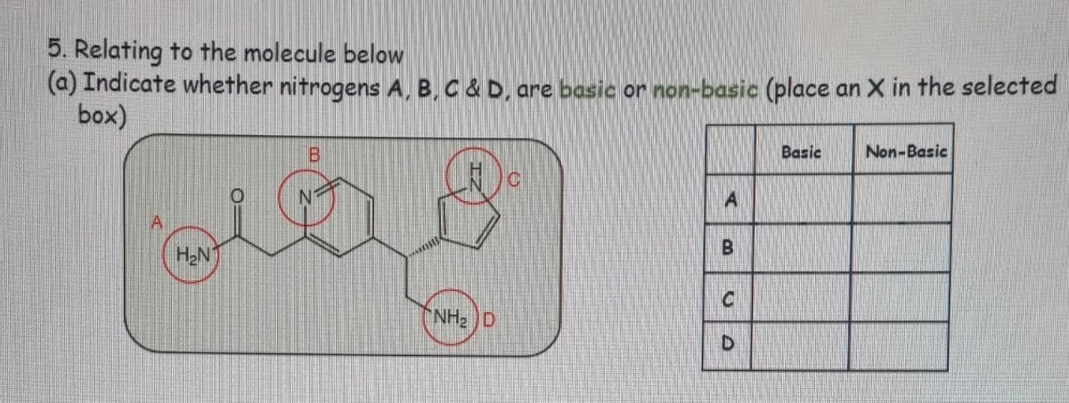 5. Relating to the molecule below
(a) Indicate whether nitrogens A, B, C & D, are basic or non-basic (place an X in the selected
box)
B
B
H₂N
C
NH, D
D
Basic
Non-Basic