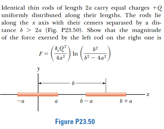 Identical thin rods of length 2a carry equal charges +Q
uniformly distributed along their lengths. The rods lie
along the x axis with their centers separated by a dis-
tance b > 2a (Fig. P23.50). Show that the magnitude
of the force exerted by the left rod on the right one is
62
F =
In
62 – 4a?
4a2
y
b - a
b+a
-a
Figure P23.50
