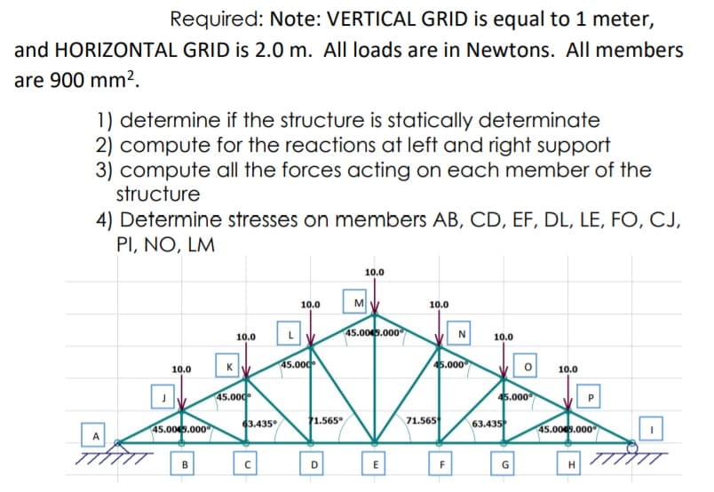 Required: Note: VERTICAL GRID is equal to 1 meter,
and HORIZONTAL GRID is 2.0 m. All loads are in Newtons. All members
are 900 mm².
1) determine if the structure is statically determinate
2) compute for the reactions at left and right support
3) compute all the forces acting on each member of the
structure
4) Determine stresses on members AB, CD, EF, DL, LE, FO, CJ,
PI, NO, LM
10.0
10.0
M
10.0
45.0003.000
10.0
N
10.0
K
45.000
45.000
10.0
10.0
45.000
45.000
71.565°
71.565
63.435
63.435°
45.00.000
45.00s.000
B
D
E
F
G
