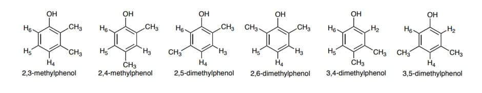 он
OH
он
он
он
OH
CH3 CH3-
CH3
H2
Hg-
H2
CH3
Hg-
CH3
He-
CH3
HA
`H3
H3
H5
`CH3 CH
H5
H4
H5
`CH3
H5
H3
CH3
H4
ČH3
2,4-methylphenol
H4
3,4-dimethylphenol
3,5-dimethylphenol
2,5-dimethylphenol
2,6-dimethylphenol
2,3-methylphenol
