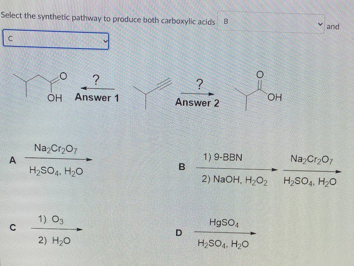 Select the synthetic pathway to produce both carboxylic acids B
C
A
C
?
OH Answer 1
Na2Cr₂O7
H₂SO4, H₂O
1) 03
2) H₂O
?
Answer 2
B
D
OH
1) 9-BBN
2) NaOH, H₂O2
HgSO4
H₂SO4, H₂O
and
Na₂Cr₂O7
H₂SO4, H₂O